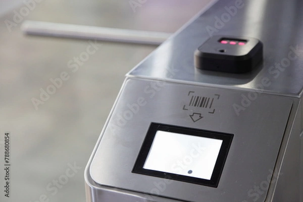 Fototapeta Infrared Barcode pass scanner on checkpoint turnstile closeup