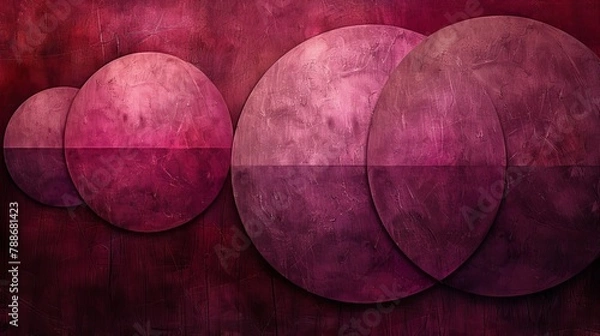 Fototapeta   A trio of circles against a backdrop of red and purple, with a pink rectangle positioned centrally within the circle's midst