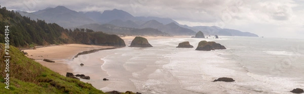 Fototapeta View of Haystack Rock from Ecola State Park. Known for some of the best views on the Oregon Coast and Haystack Rock, Ecola State Park is an ideal spot to watch enormous storm waves roll in.