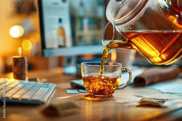 Fototapeta Spilling tea from a teapot into a cup on a work desk