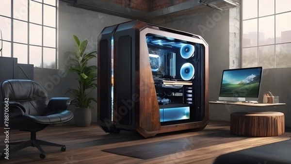 Obraz Modern High-End Custom PC Gaming Rig Setup in a Stylish Office Interior.