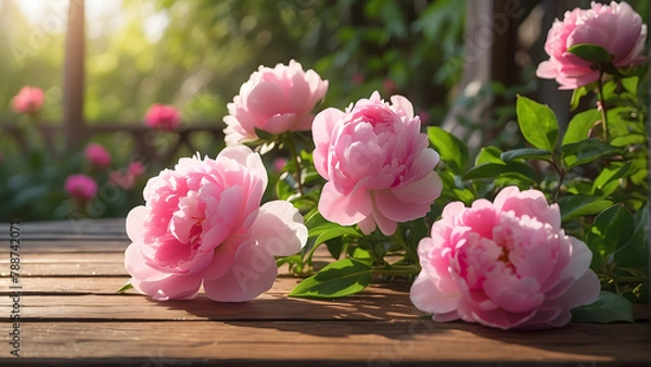 Fototapeta  Waking Up to Paradise: An Empty Oak Table with a Breathtaking Garden View (8K Photo)