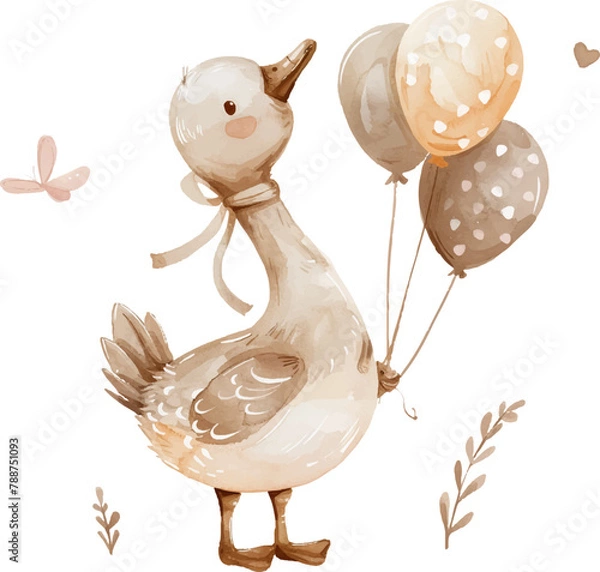 Fototapeta Cute goose with balloons. Watercolor vector illustration