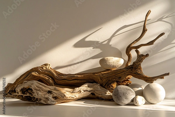 Fototapeta Empty stone podium for product display, featuring driftwood and rocks. Elegant minimalistic background