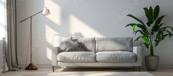 Fototapeta Light-filled living room featuring a grey sofa, floor lamp, and potted plant.