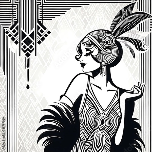 Obraz Flapper girl holding cocktail glass with splash. Art deco, 1920 s style vintage invitation template design for drink list, bar menu, glamour event, wedding, jazz party flyer. Vector art.