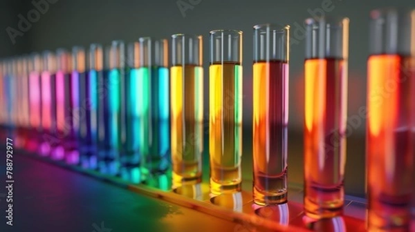 Fototapeta Row of test tubes with vibrant rainbow-colored liquids, arranged on a modern reflective surface, illustrating chemical analysis and pharmaceutical research.