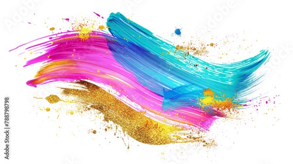 Fototapeta Creative brush stroke clip art isolated on a white backdrop, with a colorful neon color palette, acrylic paints, grunge, gold glitter, shimmer, and a dramatic watercolor smear.