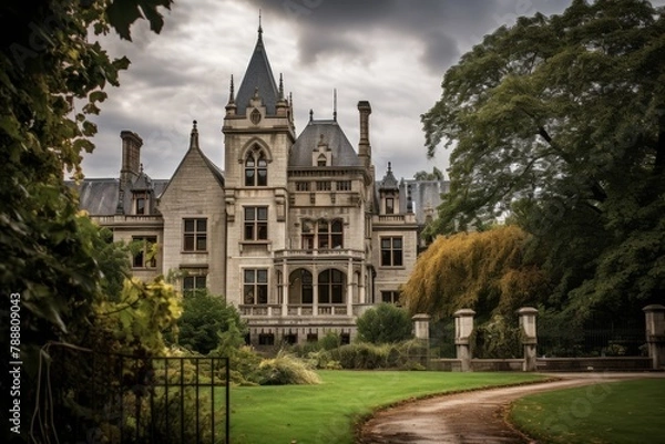 Fototapeta A Serene Afternoon at the Cemetery Administration Building, Showcasing its Gothic Architecture and Lush Surrounding Landscape