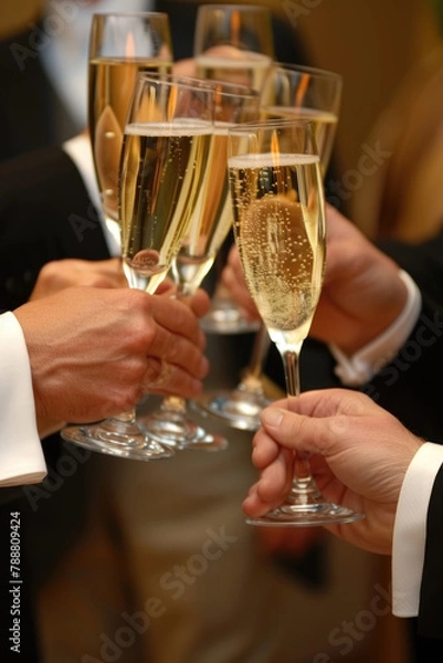 Obraz Diverse group of individuals celebrating with champagne glasses in hand at a social event or party