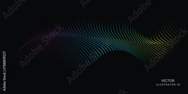 Fototapeta Flowing dot particles wave pattern blue and green gradient light isolated on a black background. Vector in concept of AI technology, science, and music.