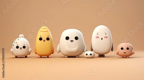 Fototapeta Five cute and colorful cartoon characters of various shapes and sizes. The characters are all simple and have a minimalist design.