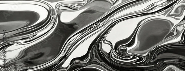 Obraz Silver swirls of mercury create an abstract liquid metal pattern. The metallic texture flows elegantly, displaying reflective beauty in a monochrome panorama with copy space.