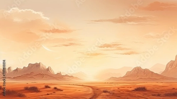 Fototapeta This is a beautiful landscape image of a desert at sunset. The warm colors and soft light create a peaceful and serene scene.