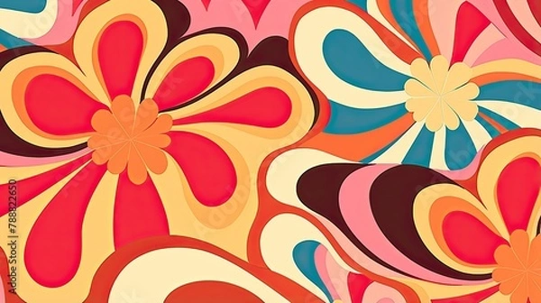 Fototapeta Groovy psychedelic floral retro 70s background. Seamless pattern with bright colors and flower power vibes.
