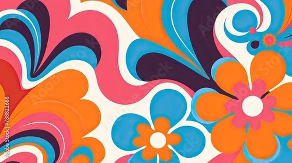 Fototapeta Groovy psychedelic 60s and 70s retro floral pattern. Hippie trippy abstract colorful background in vector. Vintage wallpaper.
