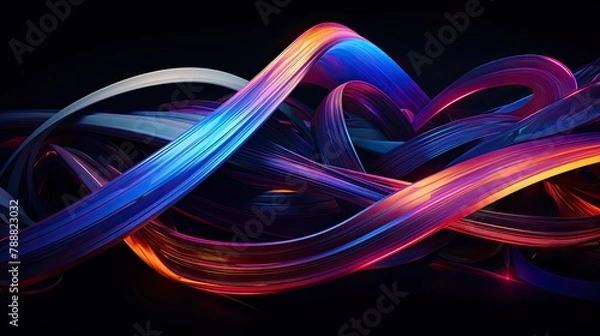 Fototapeta 3D rendering of intertwined multicolored glowing neon ribbons. Abstract background with vibrant colors and smooth lines.