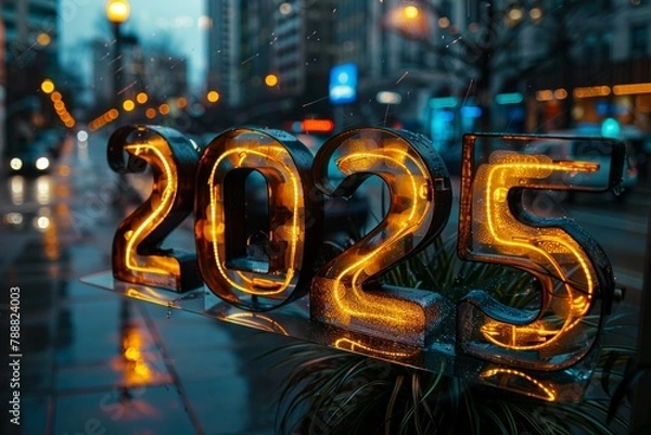 Fototapeta A large sign that says 2025 in neon lights
