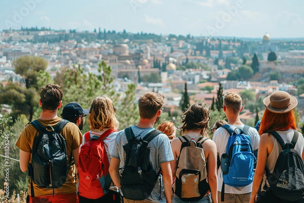 Fototapeta Group of backpack-clad tourists enjoying a panoramic view of a historic city from a verdant hilltop