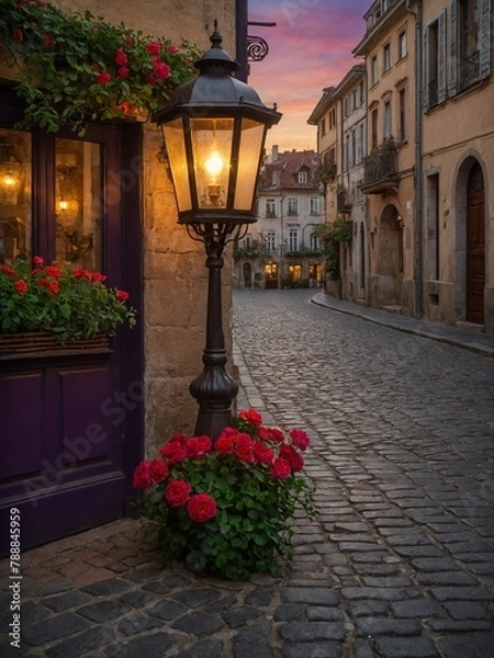 Fototapeta Cobblestone street curves gently between rows of charming european buildings at dusk. Vintage lamppost, adorned with roses, casts warm glow on purple door of shop.