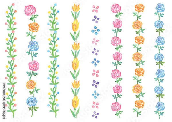 Fototapeta 水彩手描きの花の飾り線のセット-縦型