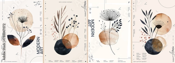 Obraz A set of four watercolor botanical illustrations on a beige background, featuring earthy tones, simple shapes, and lines in a boho style. These are minimalist vector posters.