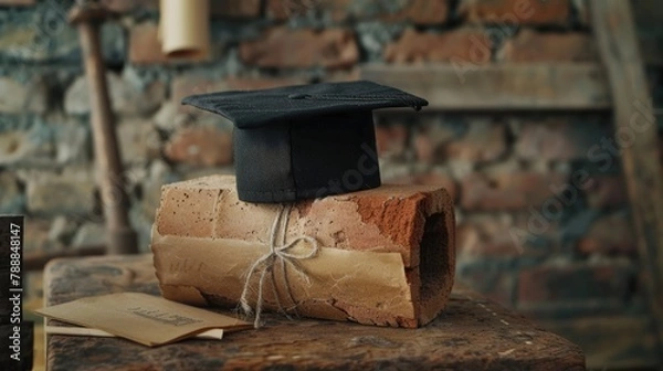 Obraz Labor Day is symbolized by a brick a graduation cap and a certificate