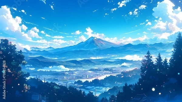 Fototapeta Epic view of a mountain illustration. Vibrant blue sky against its surroundings, creating a visually striking contrast of depth of field.