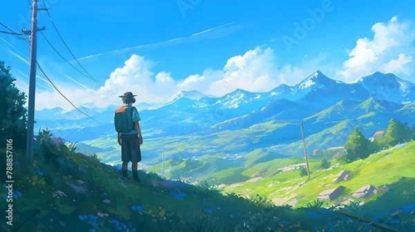 Fototapeta Epic view of a mountain illustration. Vibrant blue sky against its surroundings, creating a visually striking contrast of depth of field.