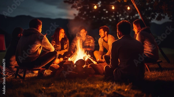 Obraz A group of friends gathering around a bonfire on a chilly evening, sharing stories and laughter under the stars, copy space