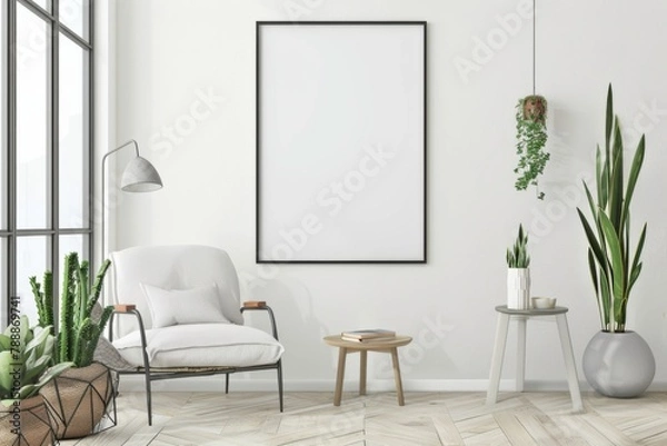 Fototapeta Scandinavian style living room with poster mockup created with generative ai