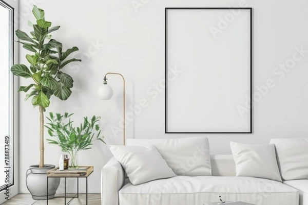 Fototapeta Scandinavian style living room with poster mockup created with generative ai
