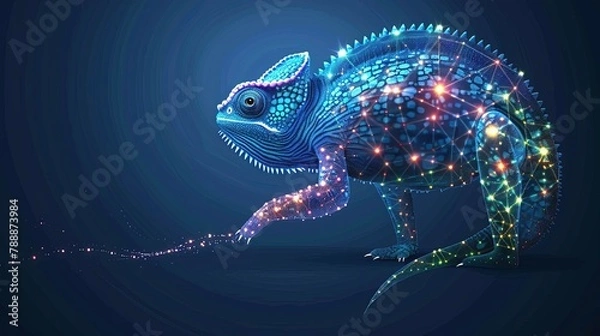 Fototapeta Digital chameleon in neon colors. Big data visualization. Information aesthetic design. Animal learning. Generative AI