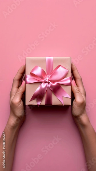 Fototapeta Hands presenting a pink ribboned gift box; symbolizing giving, celebration, and thoughtful gestures.
