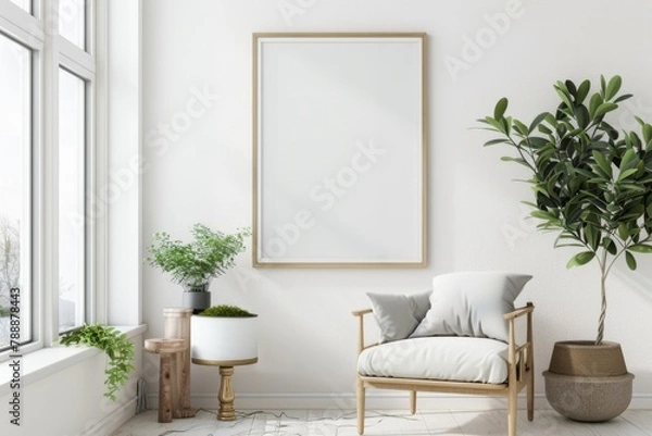 Obraz Scandinavian style living room with poster mockup created with generative ai