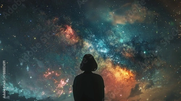 Fototapeta A person standing under the starry sky