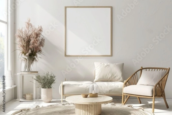 Fototapeta Scandinavian style living room with poster mockup created with generative ai