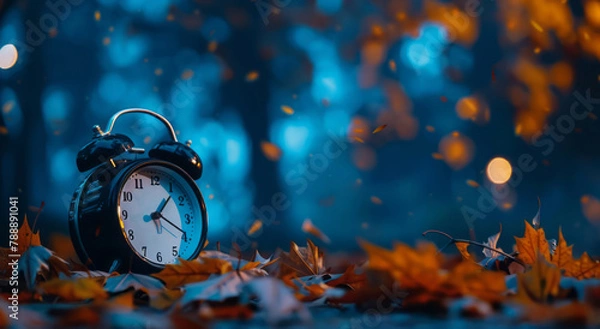 Fototapeta An alarm clock, adorned with autumn leaves, signifies the time to turn back your clocks, set against a dark blue background.
