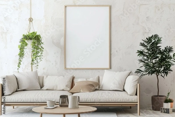 Fototapeta Scandinavian style living room with poster mockup created with generative ai