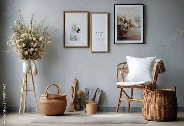 Fototapeta blanket living room wooden rattan frame apartment photo accessories vase modern elegant interior flowers design ladder Stylish mock home basket white