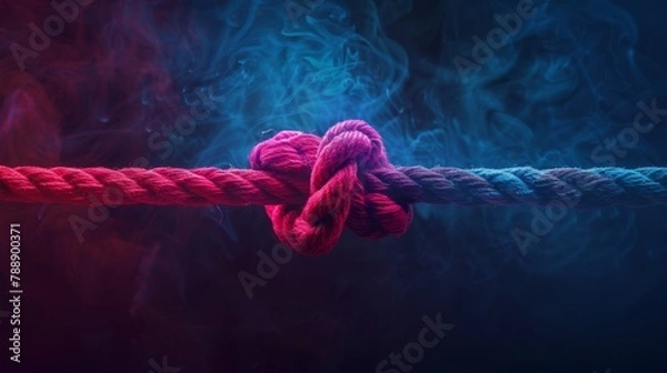 Fototapeta A red rope with two colorful loose ends tied together in the center, symbolizing strength and unity on a dark background. The central knot is made of thick pink yarn that contrasts against the darker 