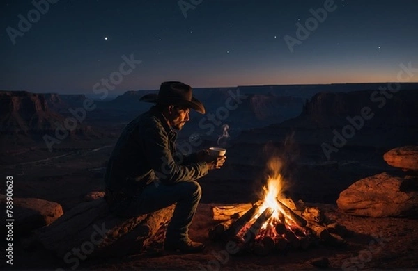 Obraz Cowboy sitting on a campfire drinking coffee