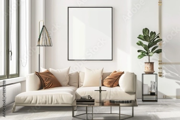Fototapeta Scandinavian style living room with poster mockup created with generative ai