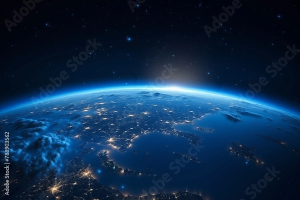 Fototapeta Glowing City Lights: Earth from Space, blue horizon, black sky