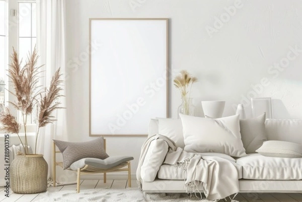 Fototapeta Scandinavian style living room with poster mockup created with generative ai
