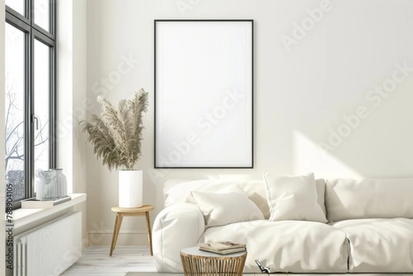 Fototapeta Scandinavian style living room with poster mockup created with generative ai