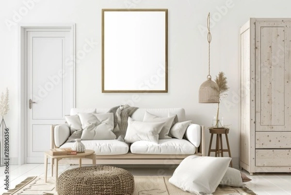 Fototapeta Scandinavian style living room with poster mockup created with generative ai