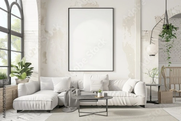 Fototapeta Scandinavian style living room with poster mockup created with generative ai