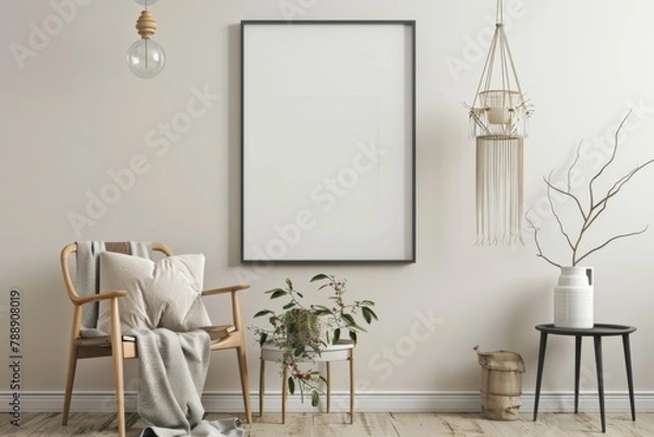 Fototapeta Scandinavian style living room with poster mockup created with generative ai