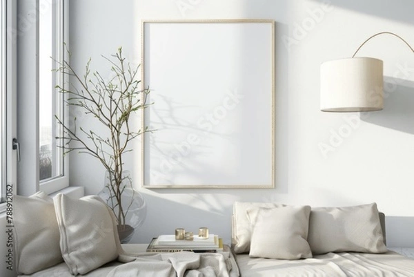 Fototapeta Scandinavian style living room with poster mockup created with generative ai